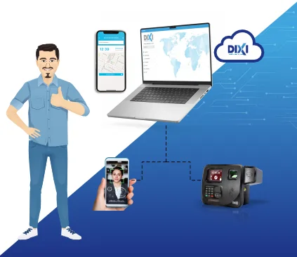 ilustração homem com smartphone na mão e sistema integrado dixi
